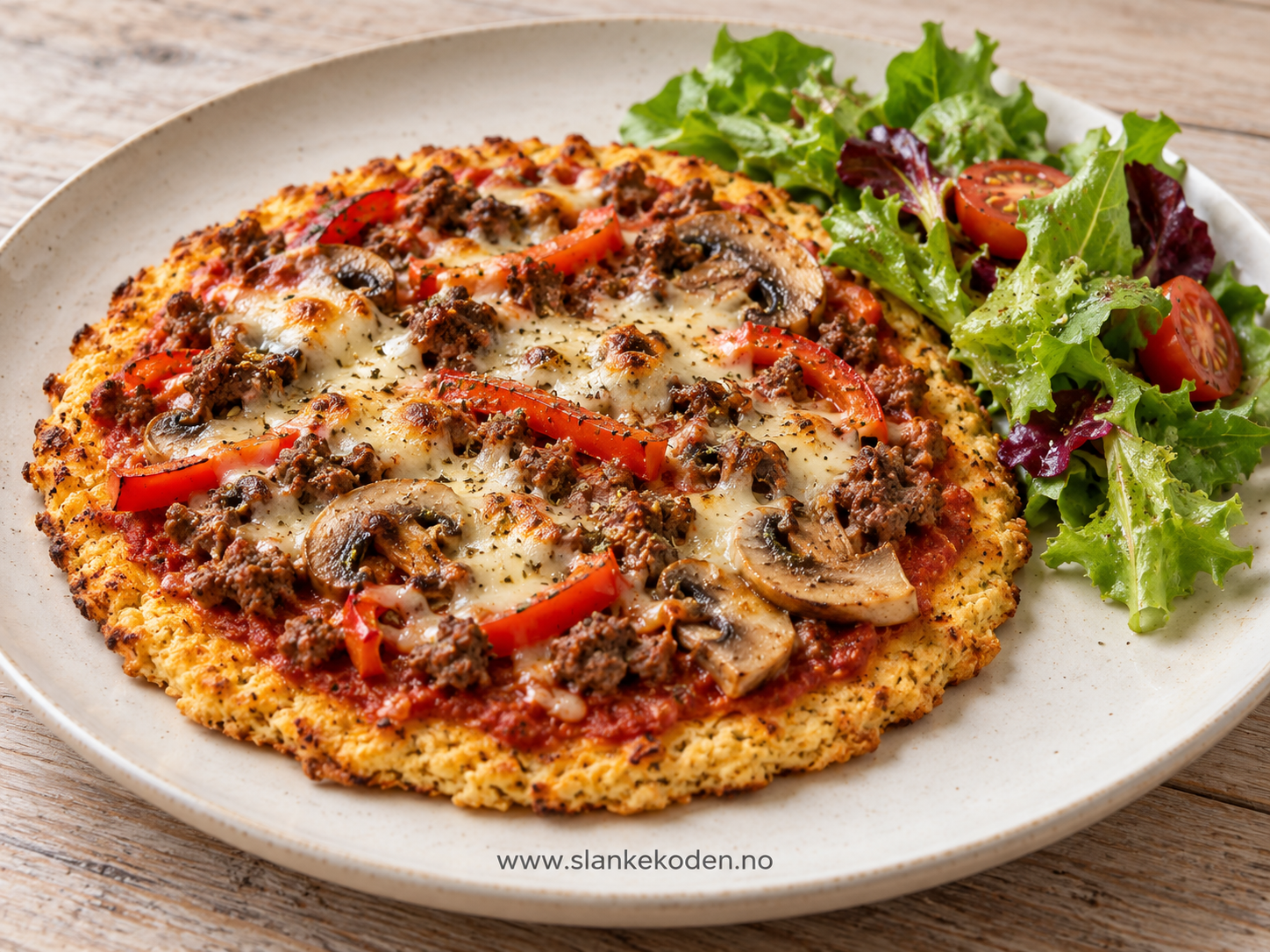 KI-illustrasjon av blomkålpizza med karbonadedeig