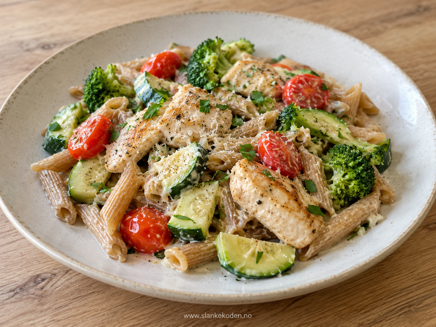 KI-illustrasjon av kremet kyllingpasta med hvitløk og parmesan